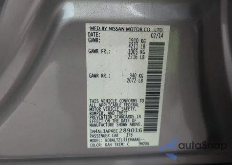 2014 Nissan Altima 2.5 Sv from USA, damaged, VIN 1N4AL3AP4EC289016